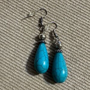 Blue Teardrop Earrings with Silver Accents